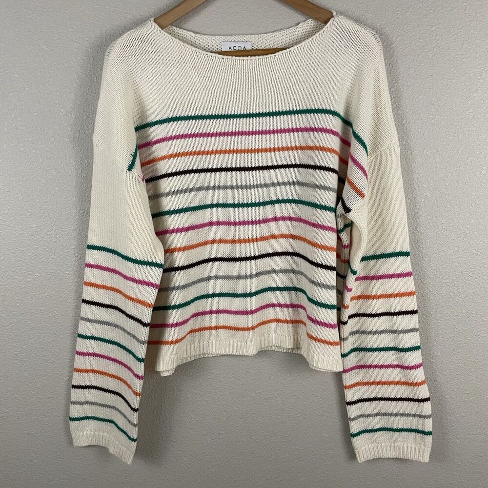 Acoa Womens L Striped Knit Long Sleeve Beachy Crop Sweater